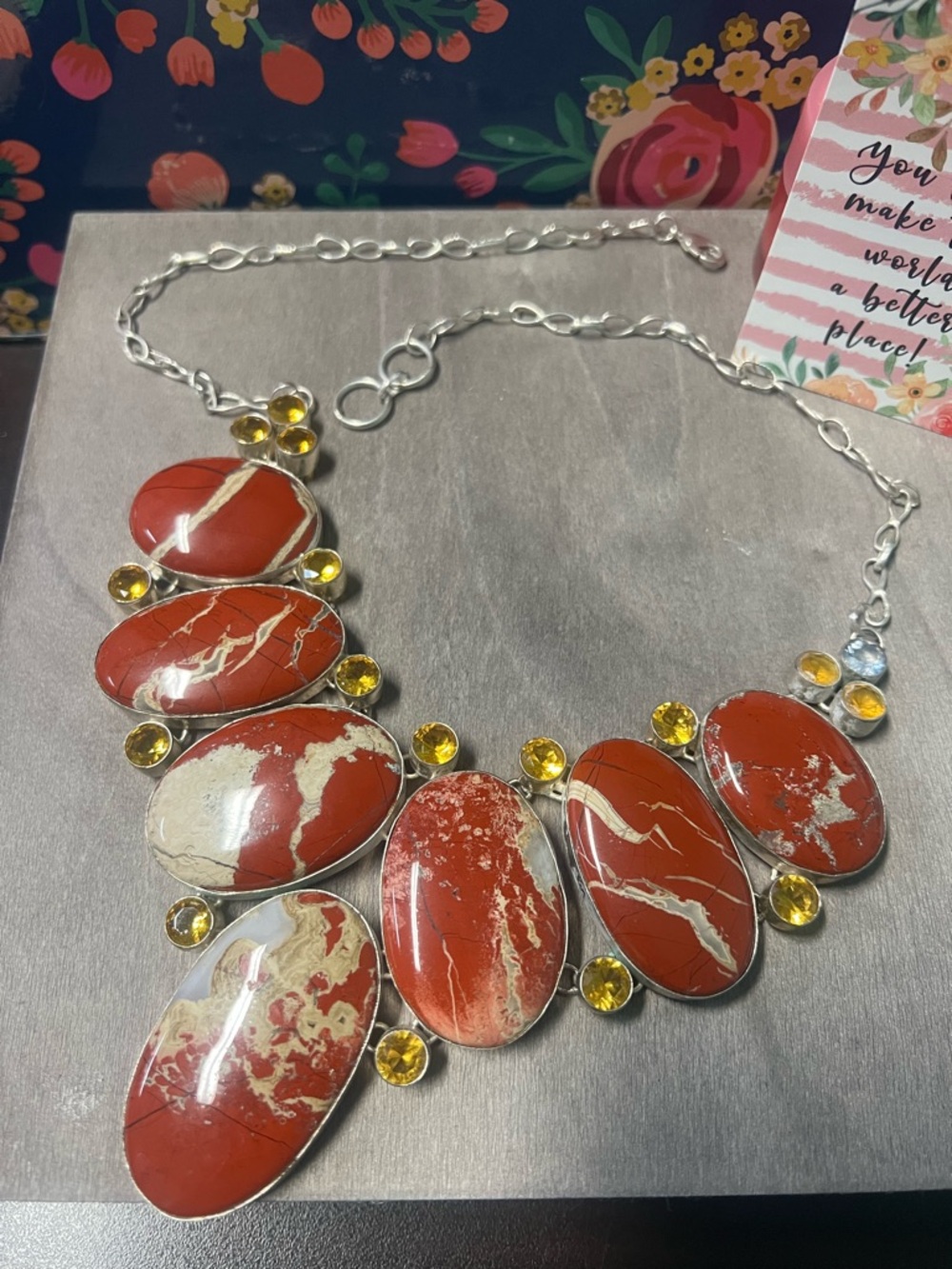 Fashion Red orange Jasper Statement Necklace with Yellow Accent Stones